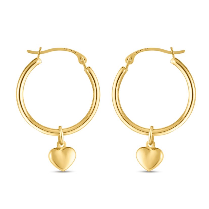 14K Yellow Gold Heart Round Hoop Earring