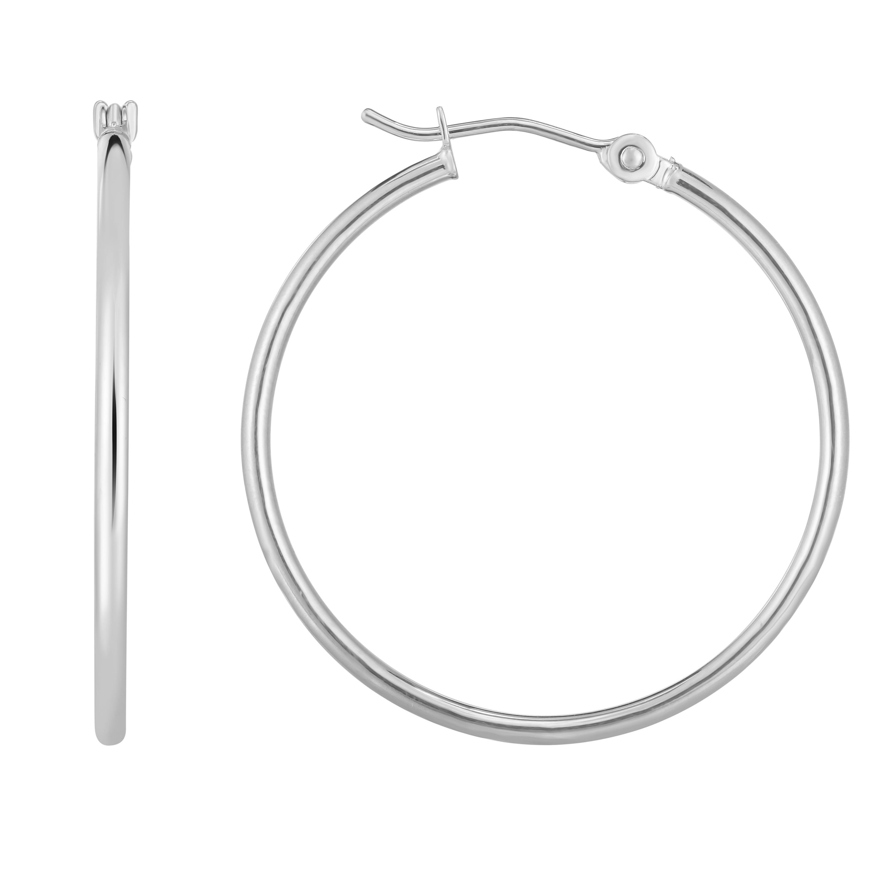 14K White Gold  Round Hoop