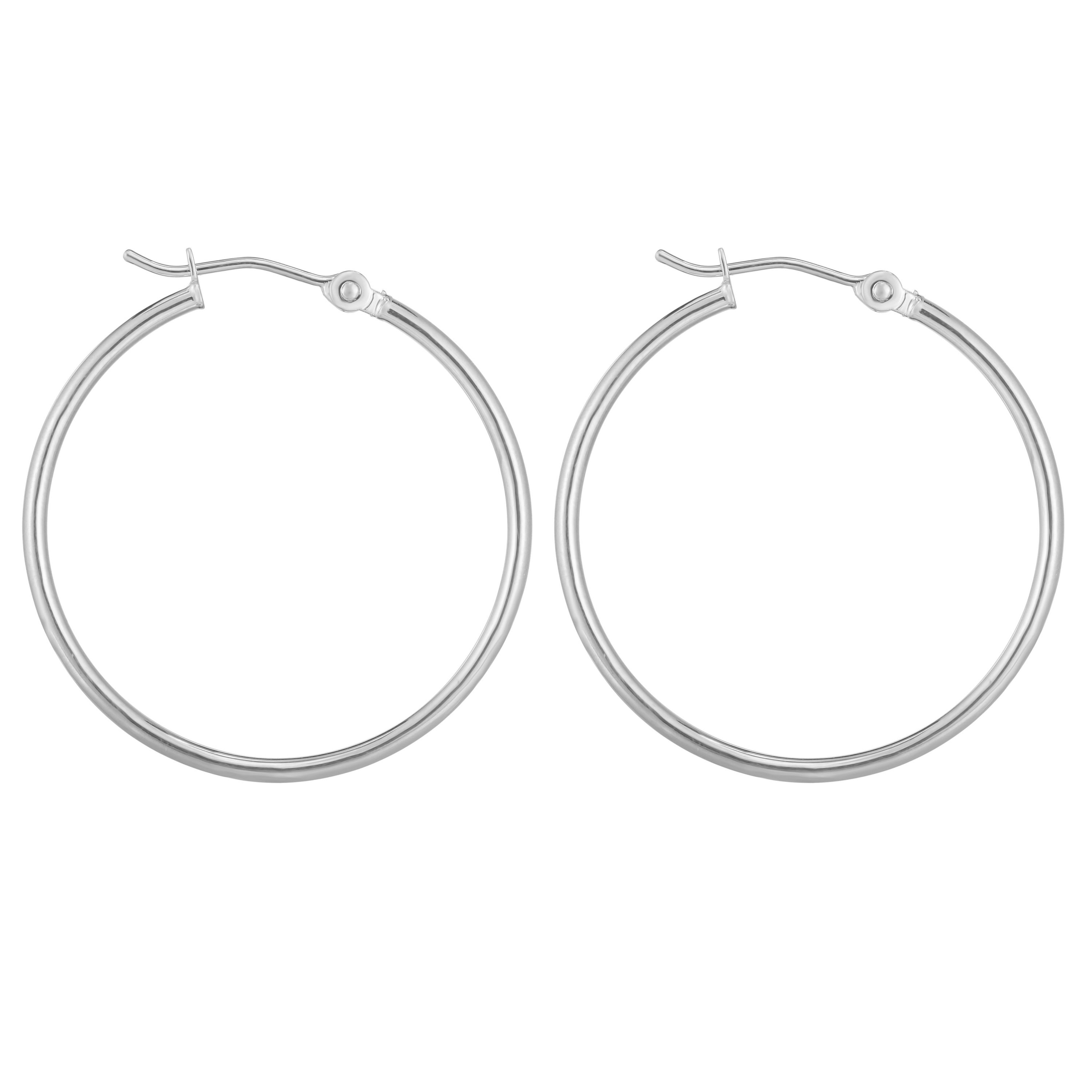 14K White Gold  Round Hoop