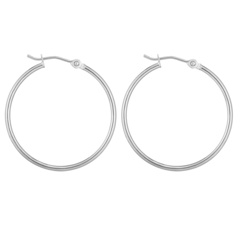 14K White Gold  Round Hoop