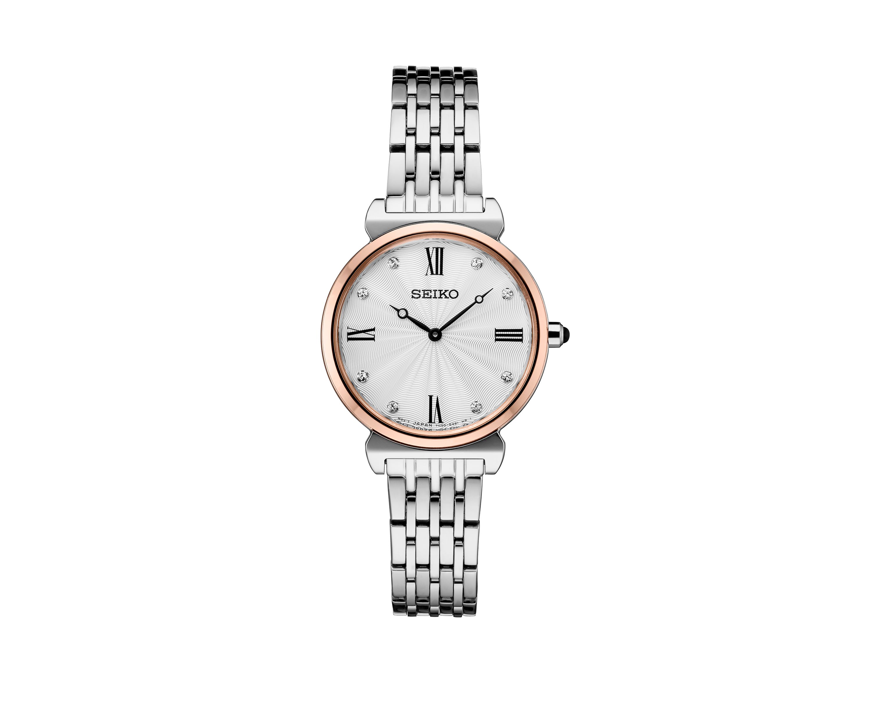 2 Tone Crystal Watch With Silver Pattern Dial And 8 Crystal Accents