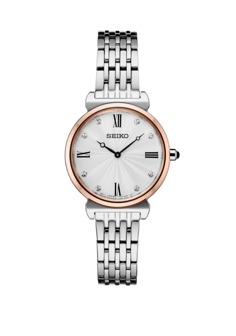 2 Tone Crystal Watch With Silver Pattern Dial And 8 Crystal Accents