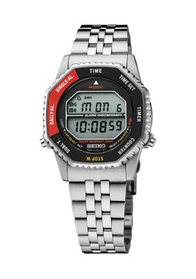 Seiko Men's Essentials Sterling Silver Digital Black and Red Dial Watch