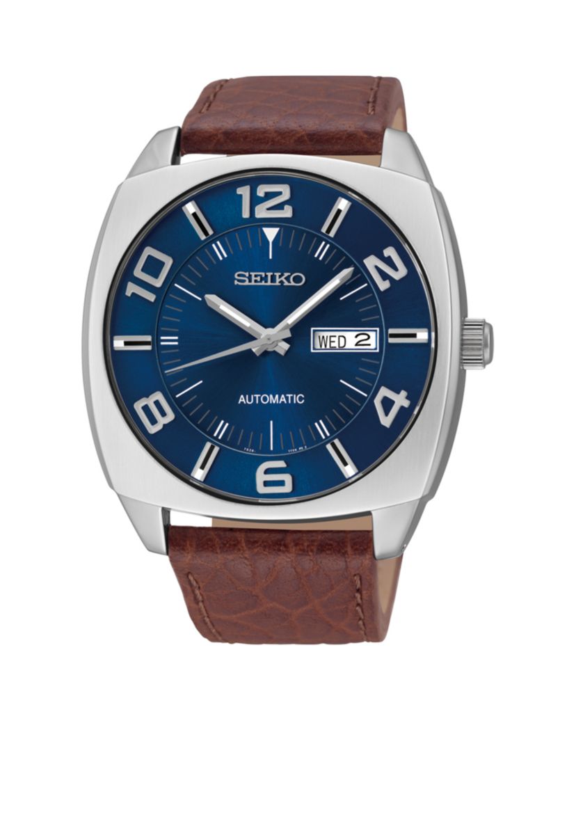 Mens Blue Dial Brown Leather Strap Automatic Watch