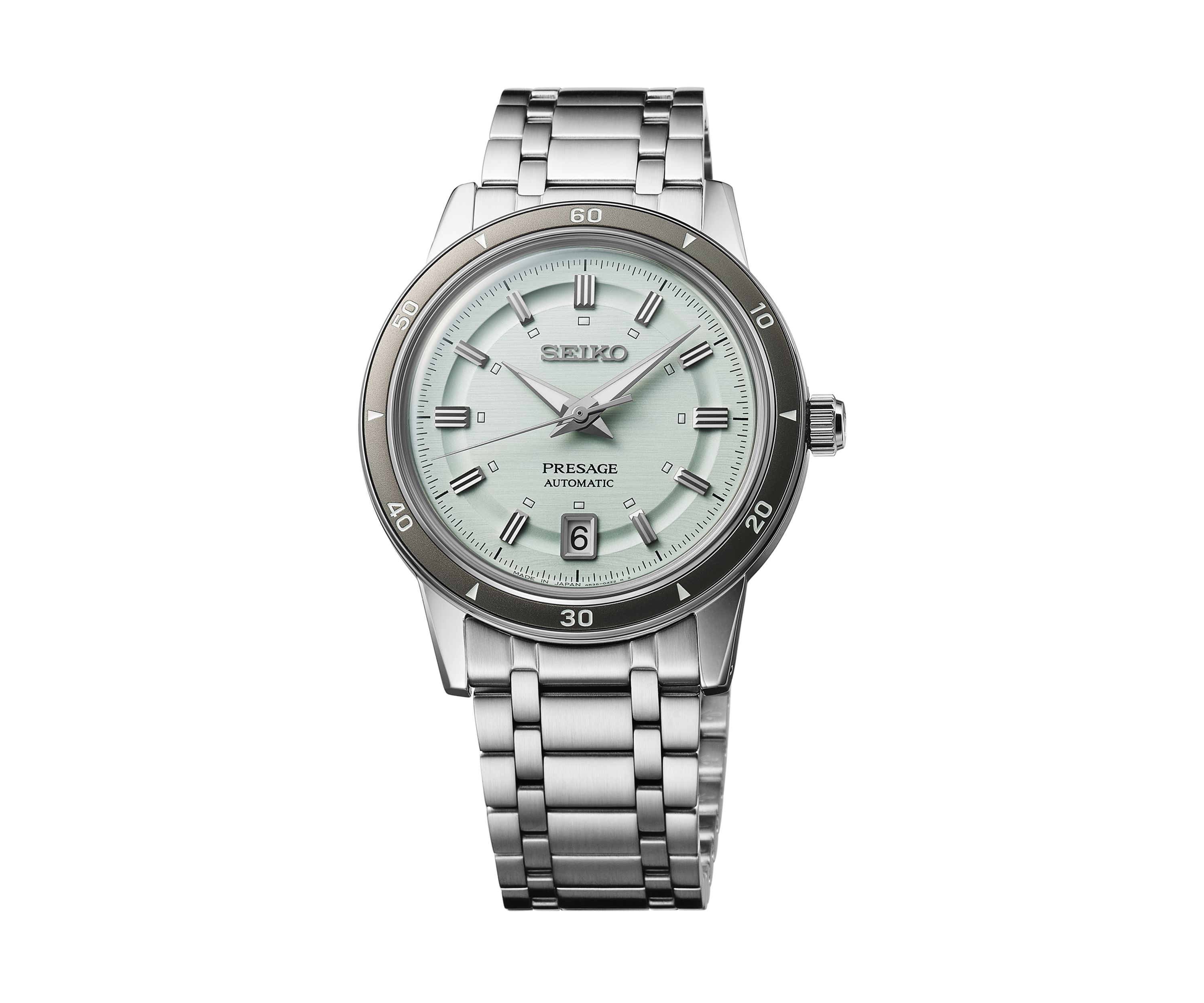 Presage, Style 60s Automatic, Green Dial, Sterling Silver Case & Bracelet Watch 