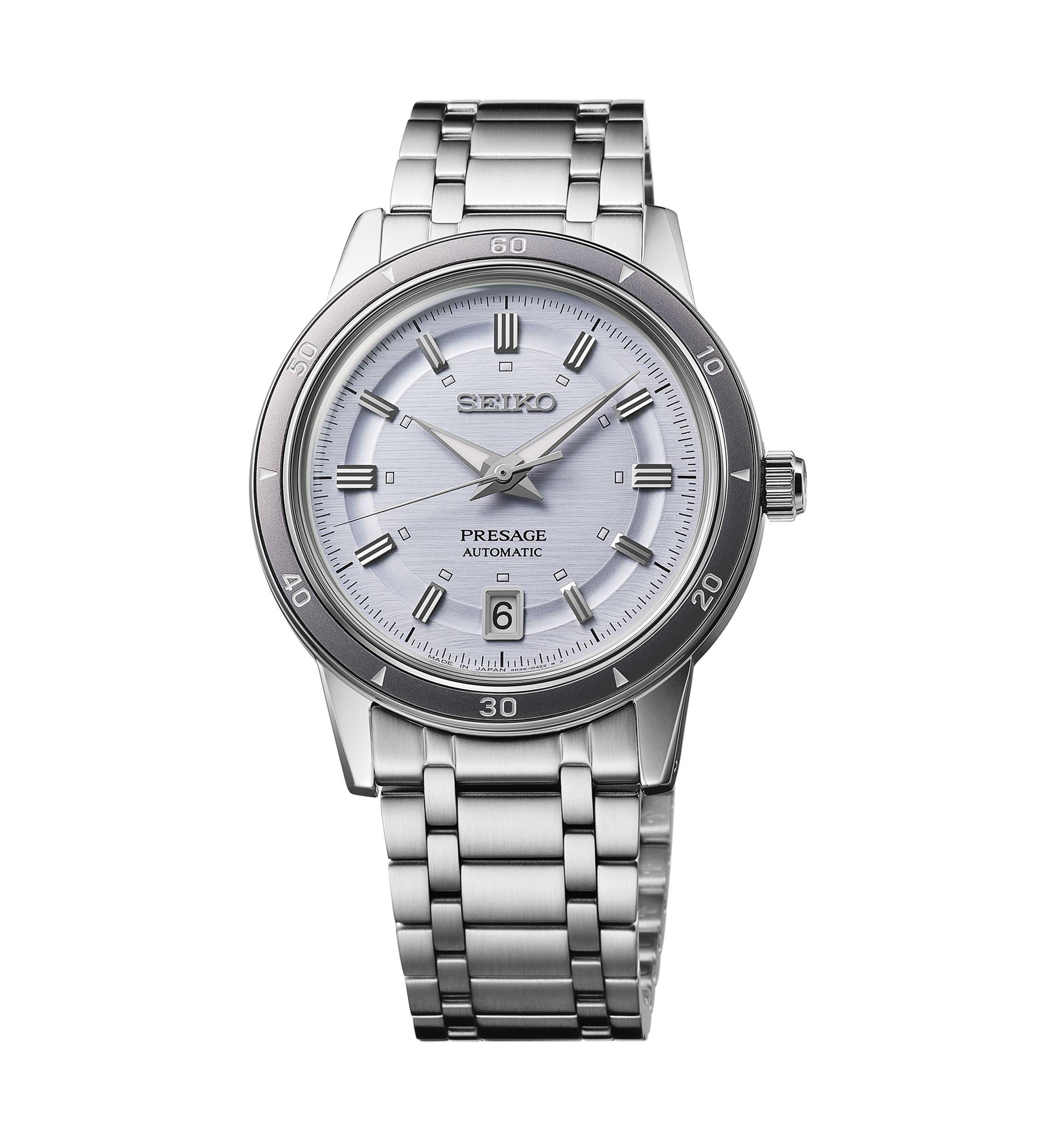 Presage, Style 60s Automatic, Lavender Dial, Sterling Silver Case & Bracelet Watch 