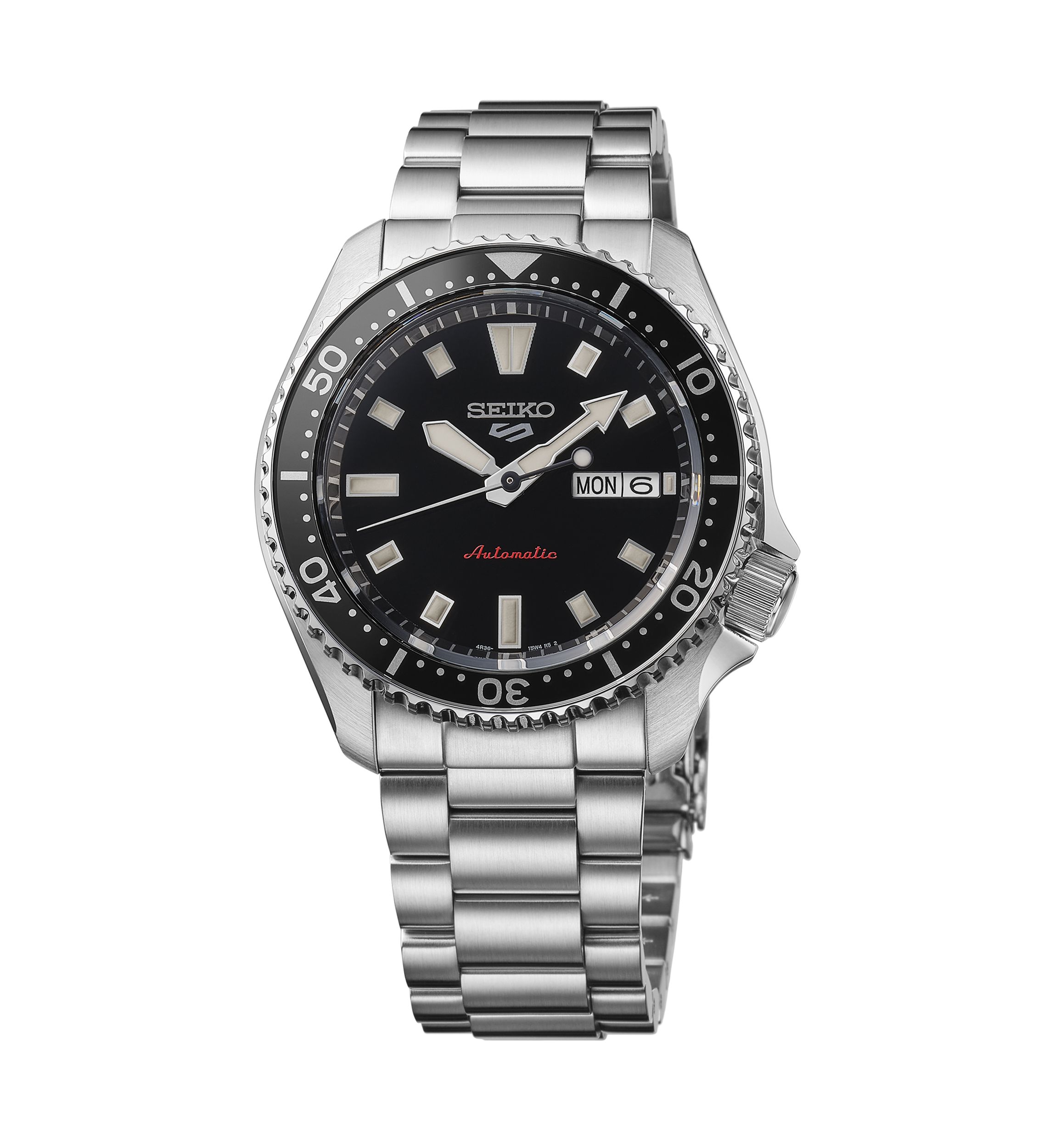 Seiko 5 Sports, Automatic Movement, Sterling Silver Case & Bracelet, Black Dial Watch