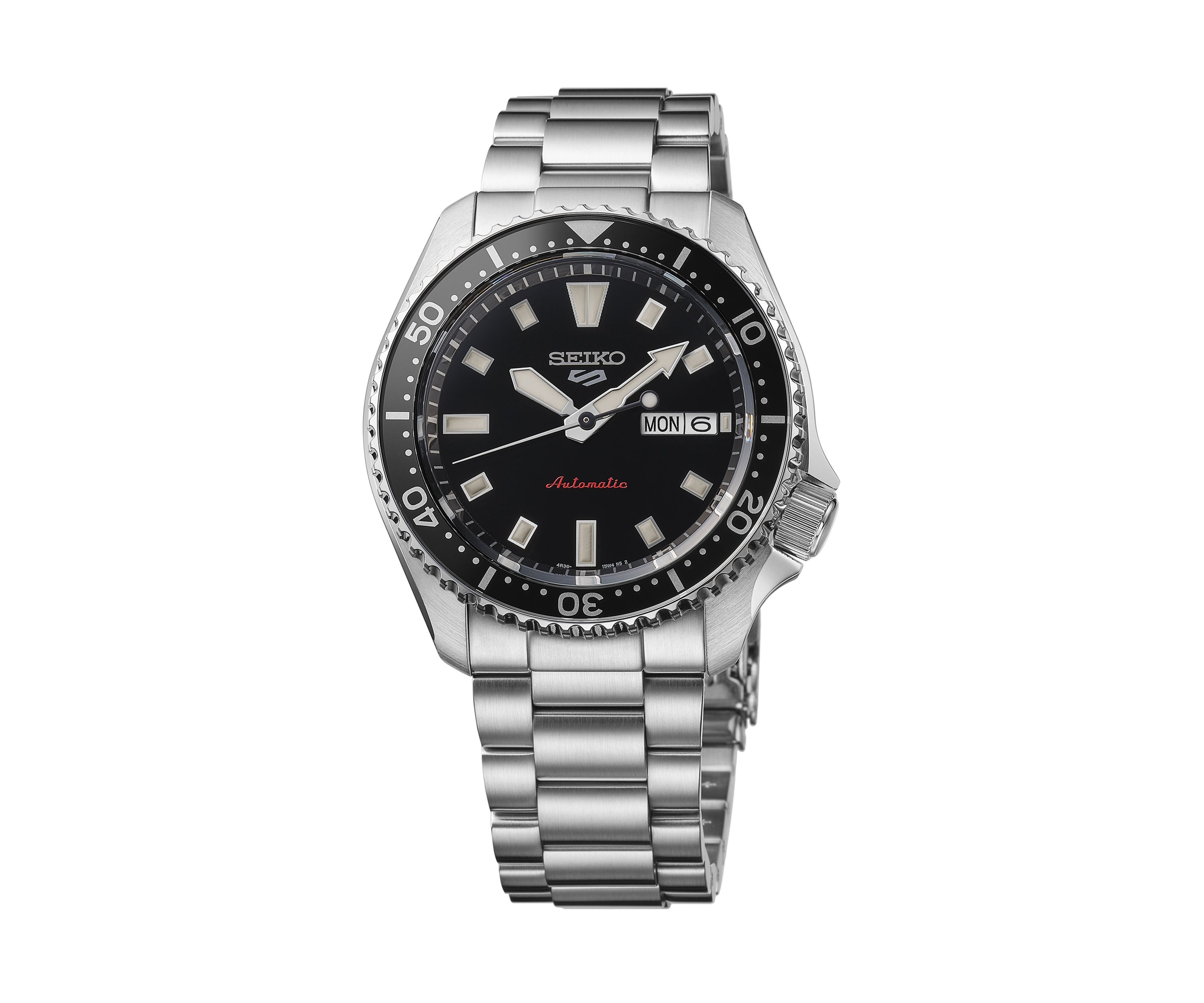 Seiko 5 Sports, Automatic Movement, Sterling Silver Case & Bracelet, Black Dial Watch
