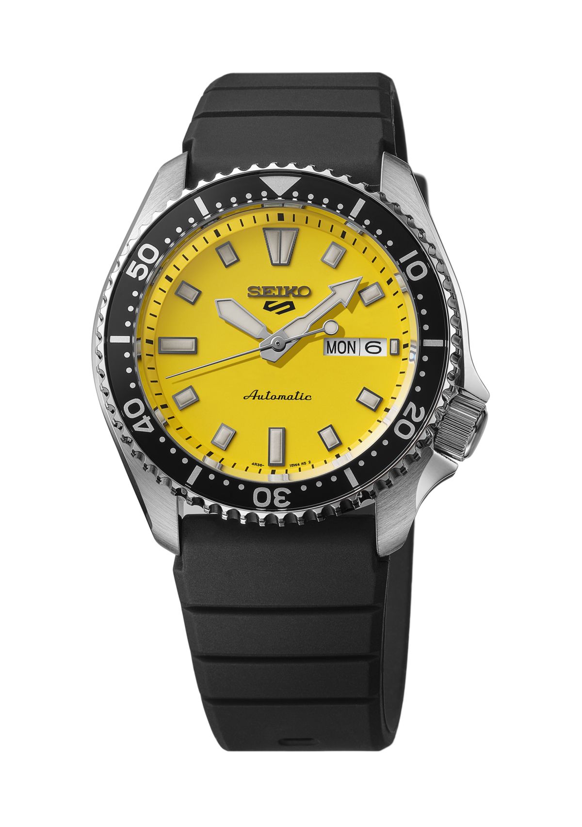 Seiko 5 Sports, Automatic Movement, Sterling Silver Case, Yellow Dial, Black Silicone Strap Watch