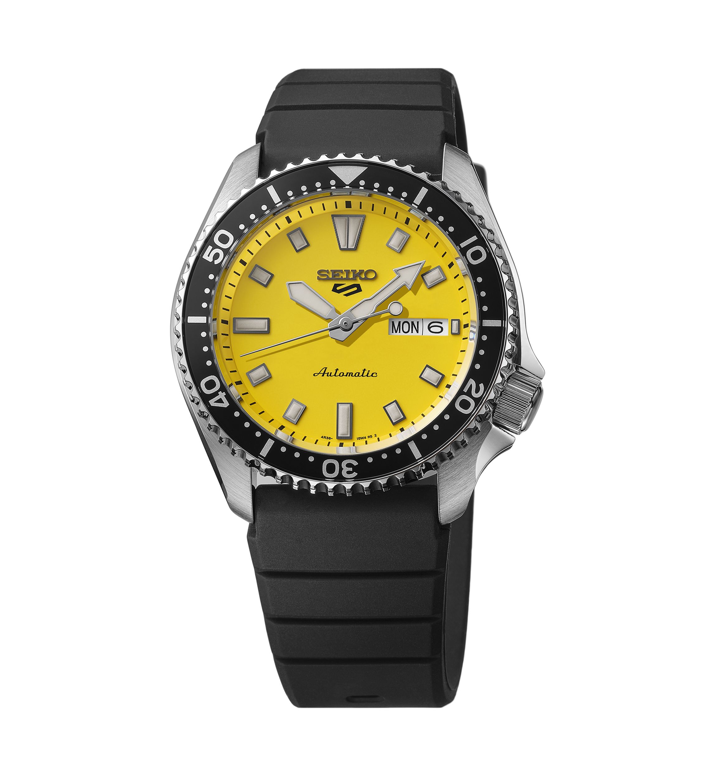 Seiko 5 Sports, Automatic Movement, Sterling Silver Case, Yellow Dial, Black Silicone Strap Watch
