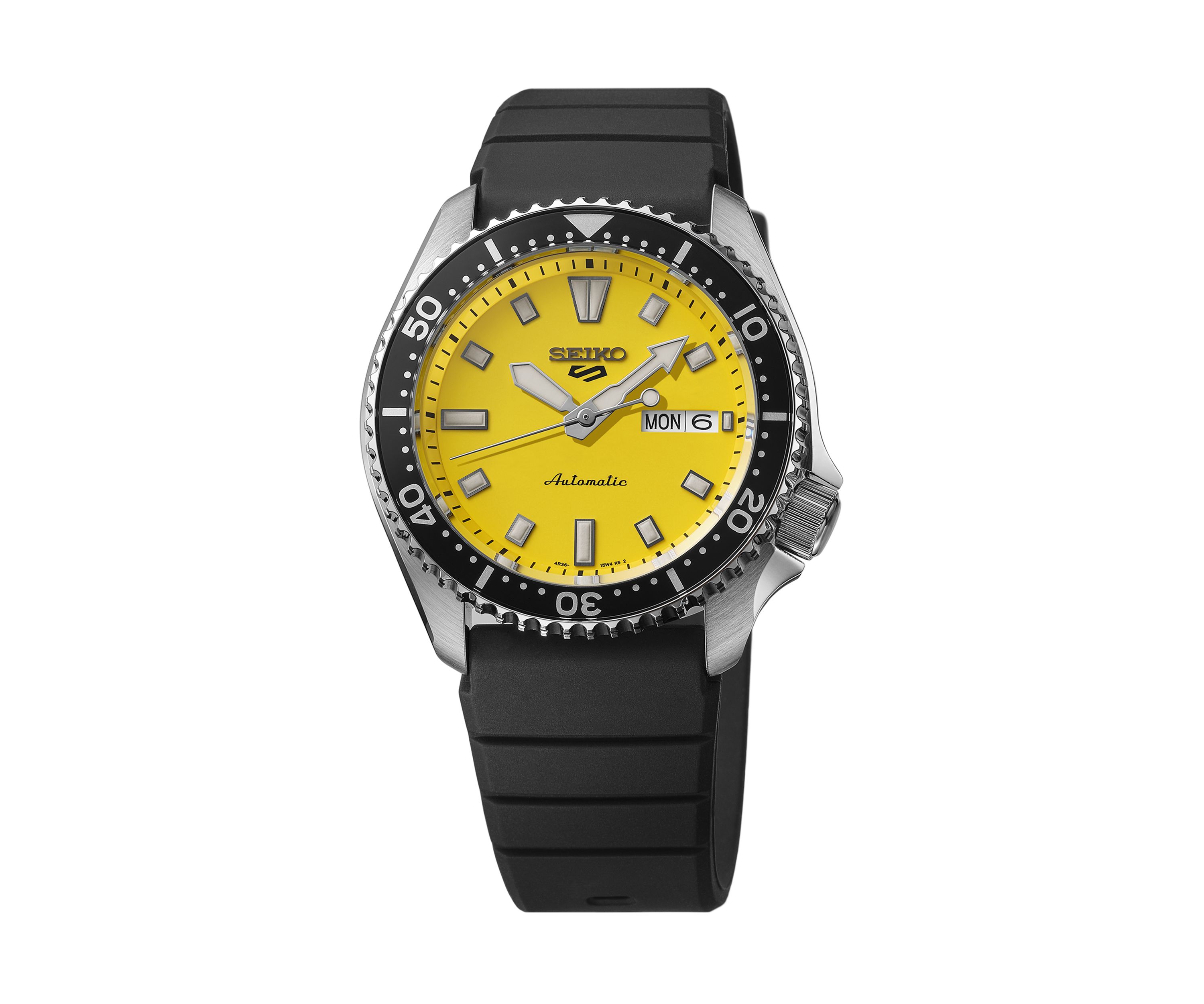 Seiko 5 Sports, Automatic Movement, Sterling Silver Case, Yellow Dial, Black Silicone Strap Watch