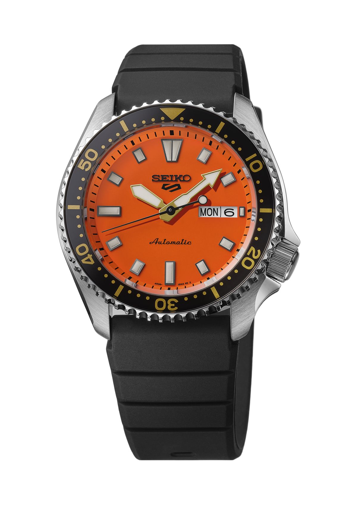 Seiko 5 Sports, Automatic Movement, Sterling Silver Case, Orange Dial, Black Silicone Strap Watch