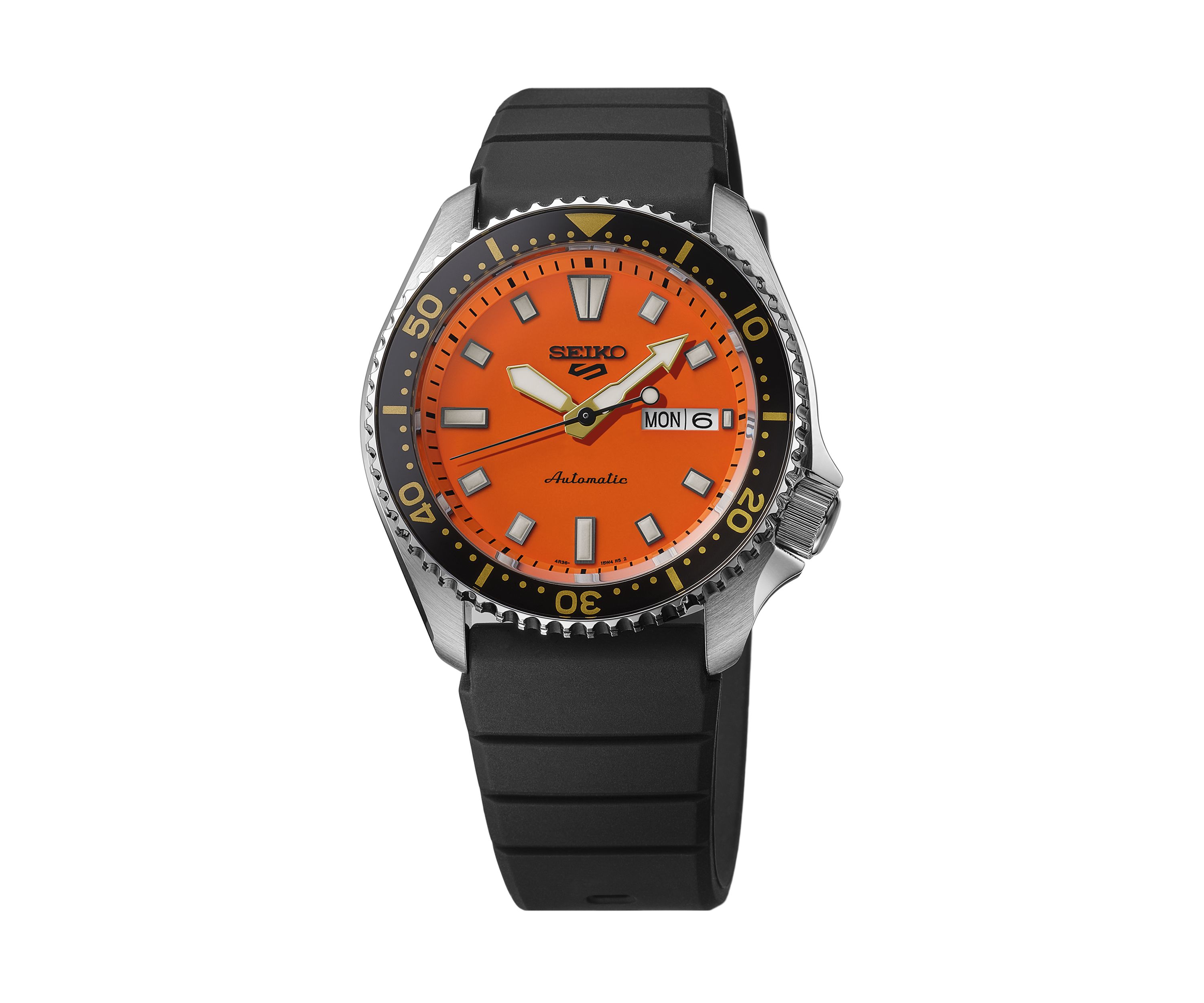 Seiko 5 Sports, Automatic Movement, Sterling Silver Case, Orange Dial, Black Silicone Strap Watch