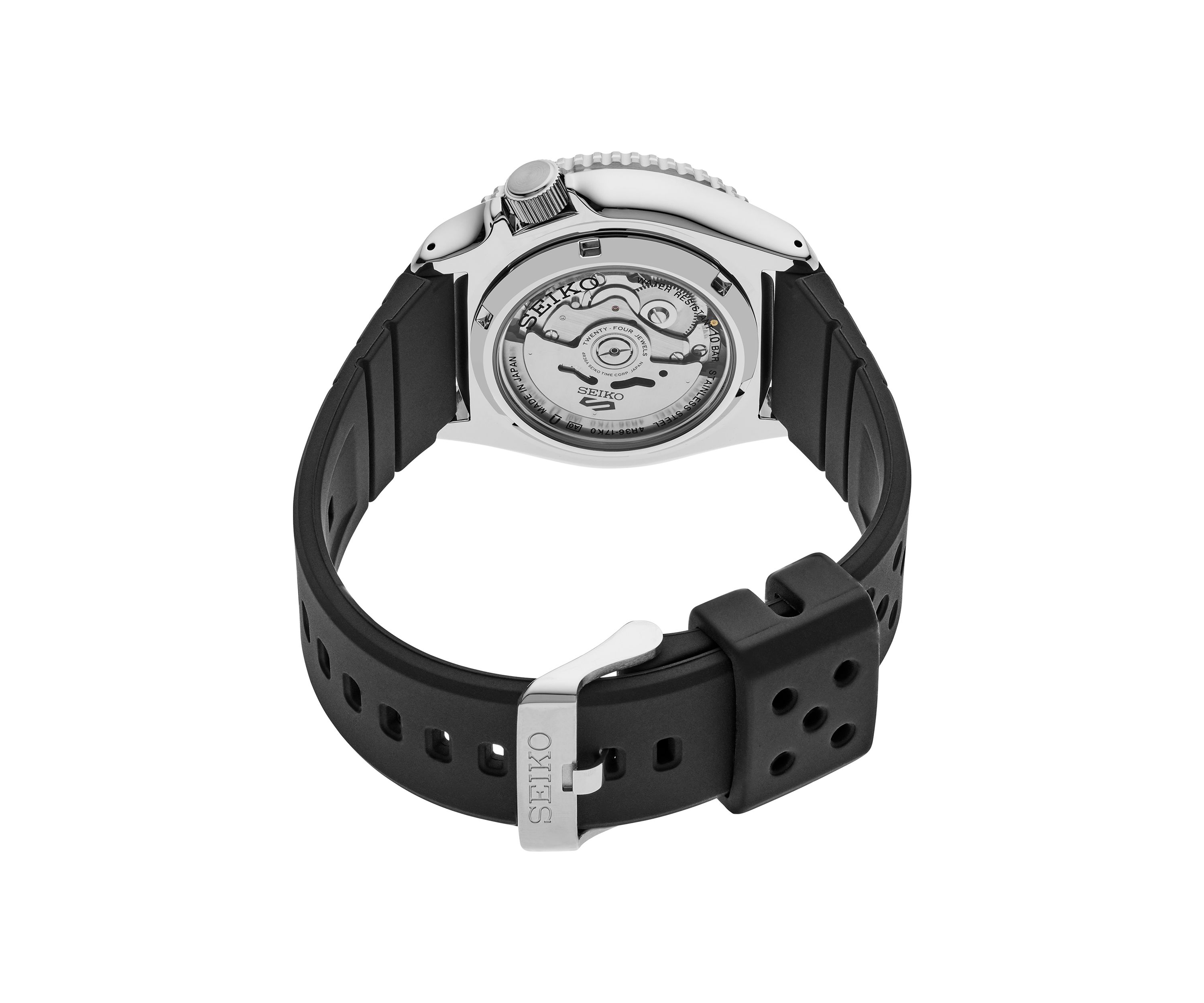 Seiko 5 Sports, Automatic Movement, Sterling Silver Case, Orange Dial, Black Silicone Strap Watch