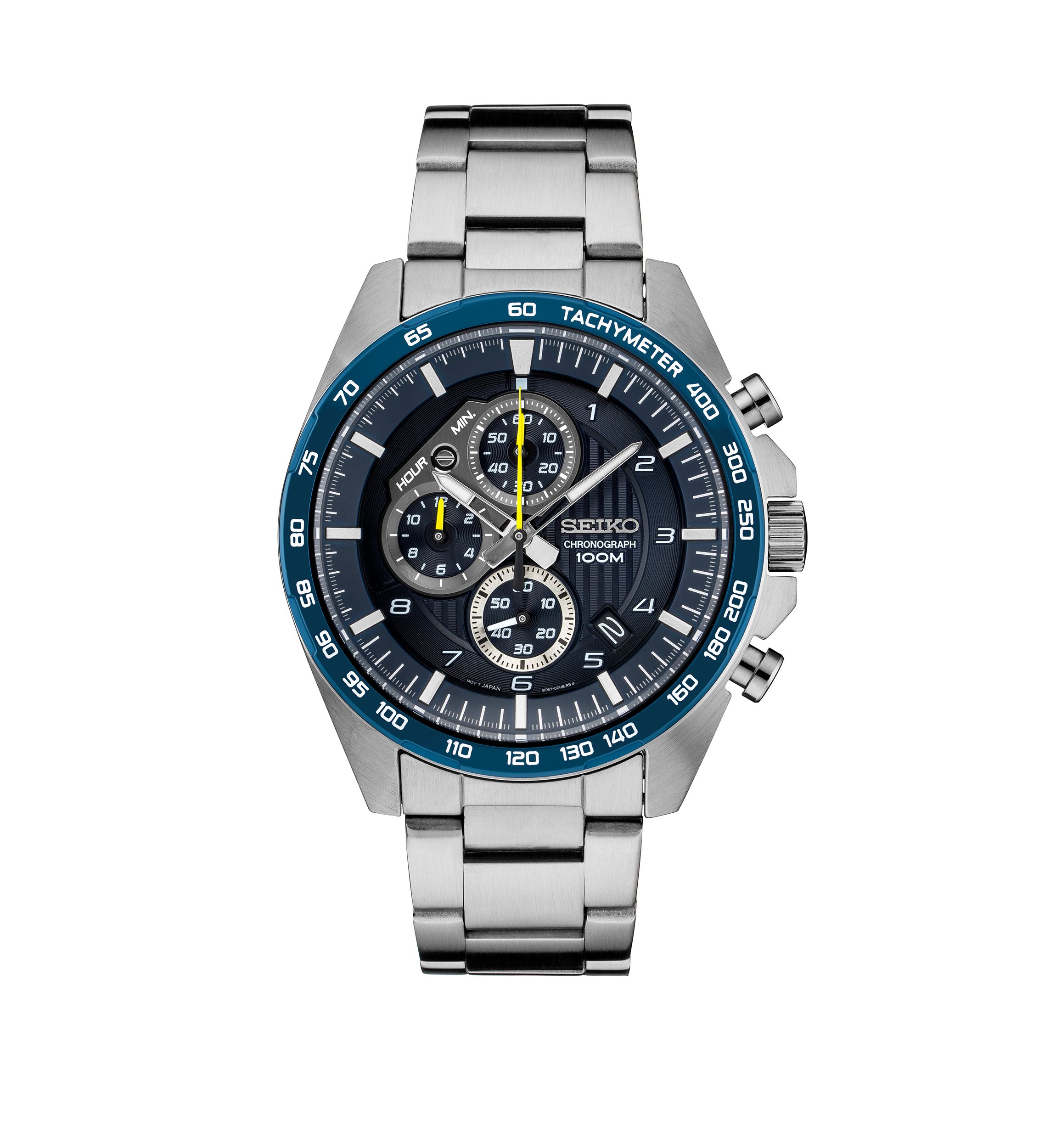Mens Essential Chronograph with Blue Dial and Yellow Accents
