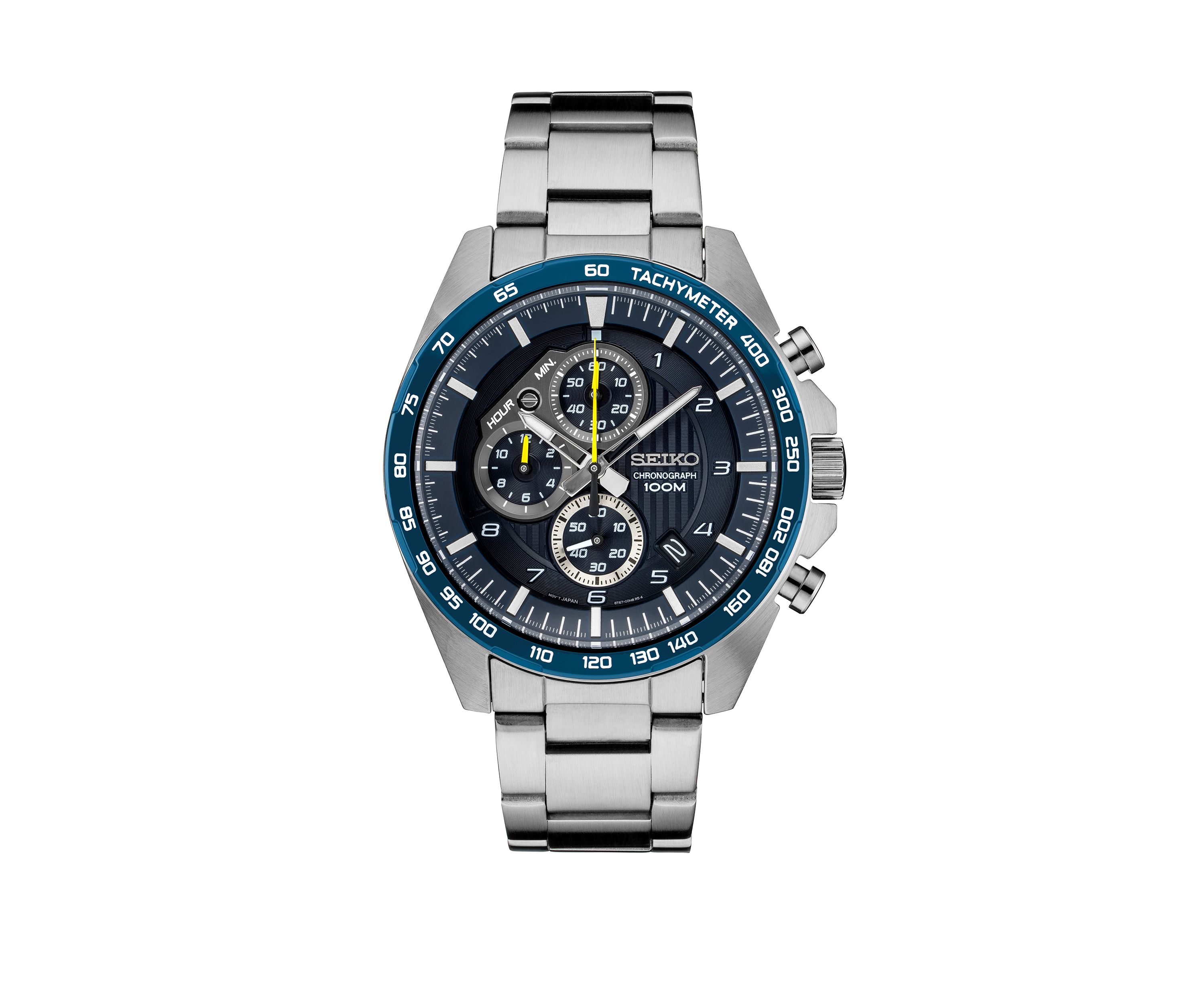 Mens Essential Chronograph with Blue Dial and Yellow Accents