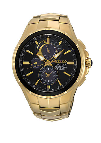 Seiko Gold Perpetual Solar Coutura Chronograph Watch With Black Dial | belk