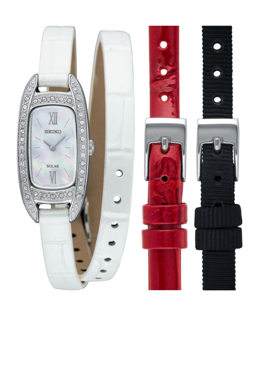 Womens Stainless Steel Solar Crystal Mother Of Pearl Watch