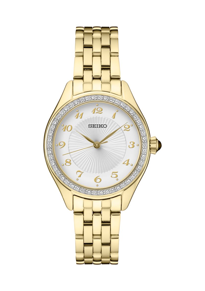 	  Womens Crystals Yellow Gold Tone Stainless Steel Quartz Watch 