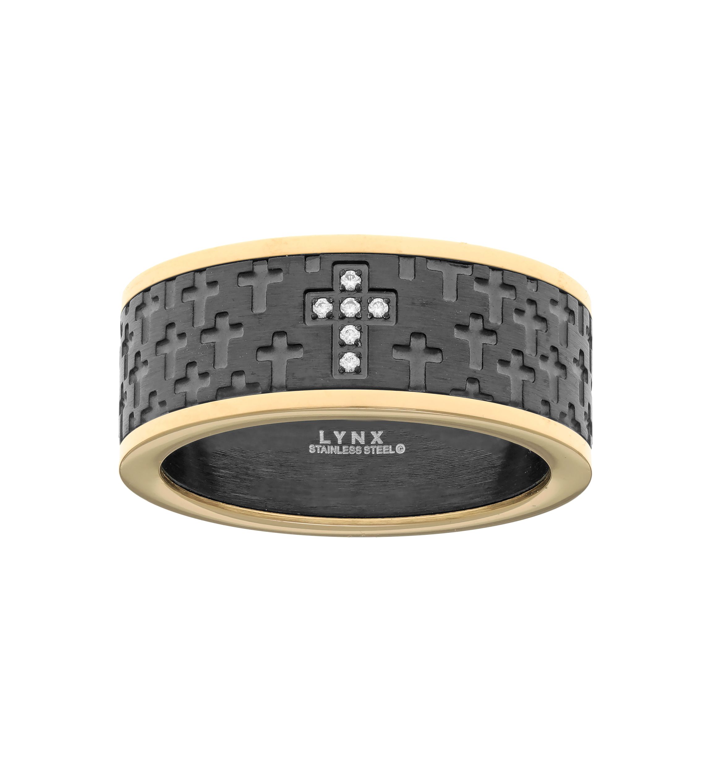 Stainless Steel Cubic Zirconia Ring with Black and Gold Tone Ion Plating 