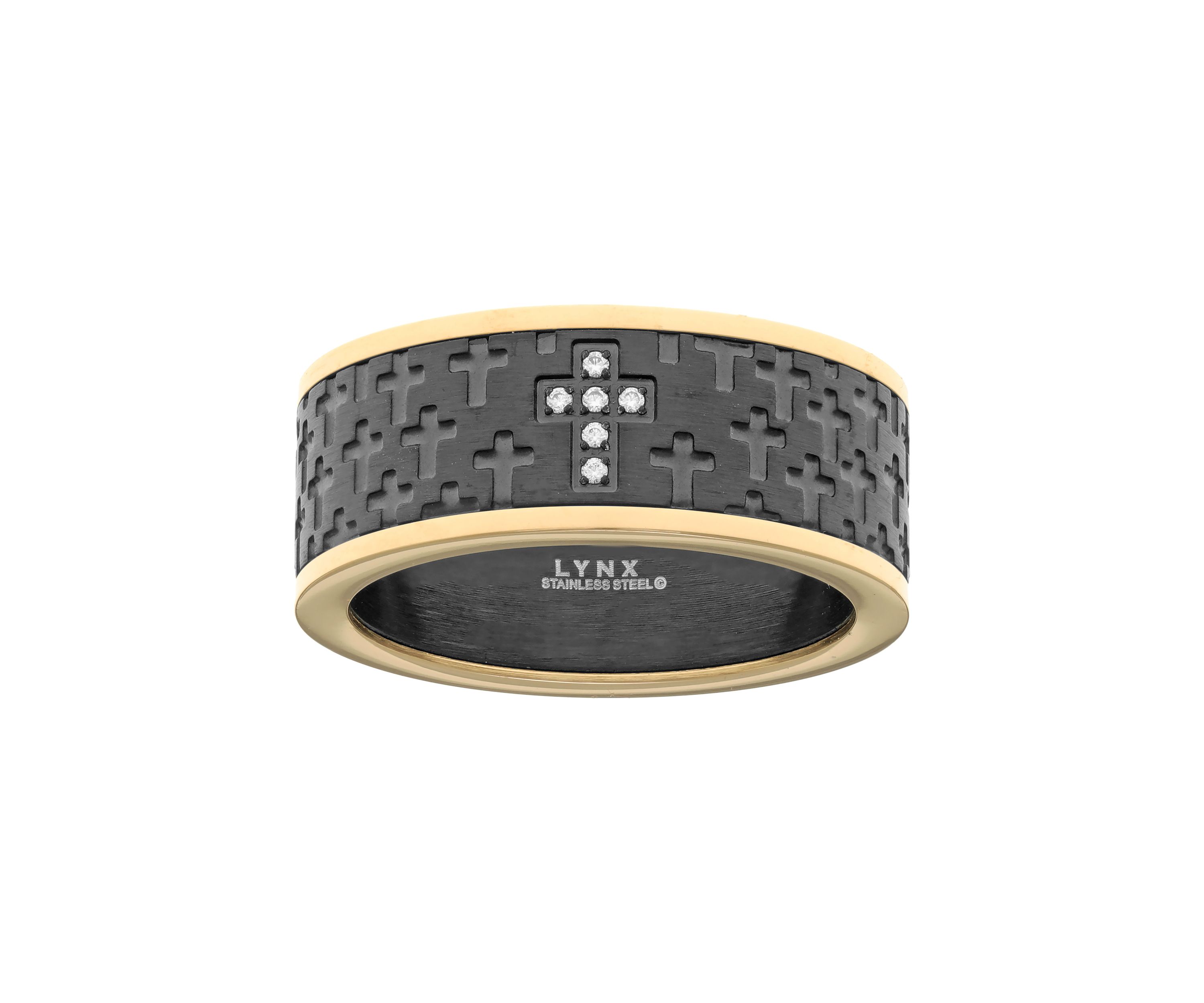 Stainless Steel Cubic Zirconia Ring with Black and Gold Tone Ion Plating 