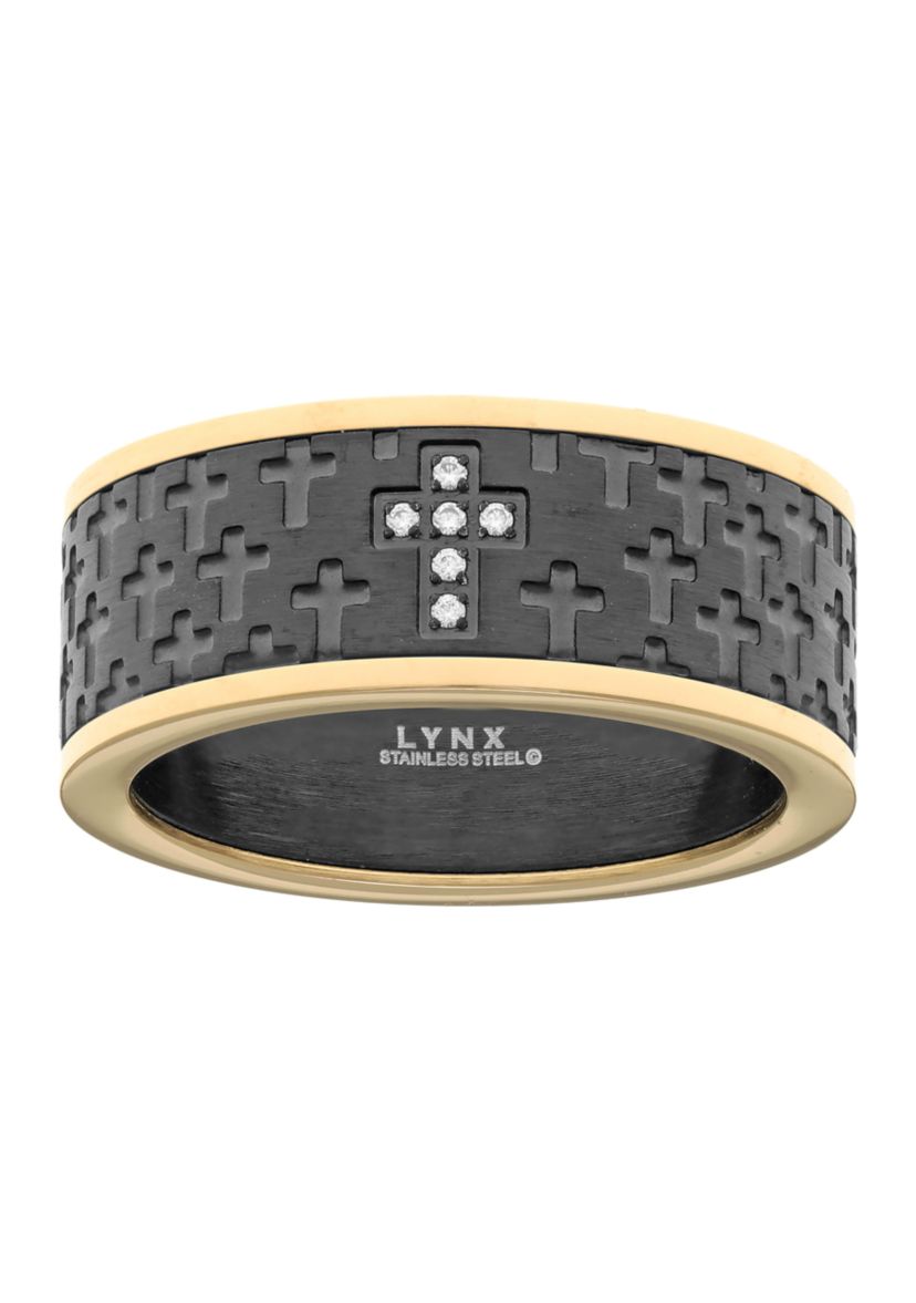 Stainless Steel Cubic Zirconia Ring with Black and Gold Tone Ion Plating 