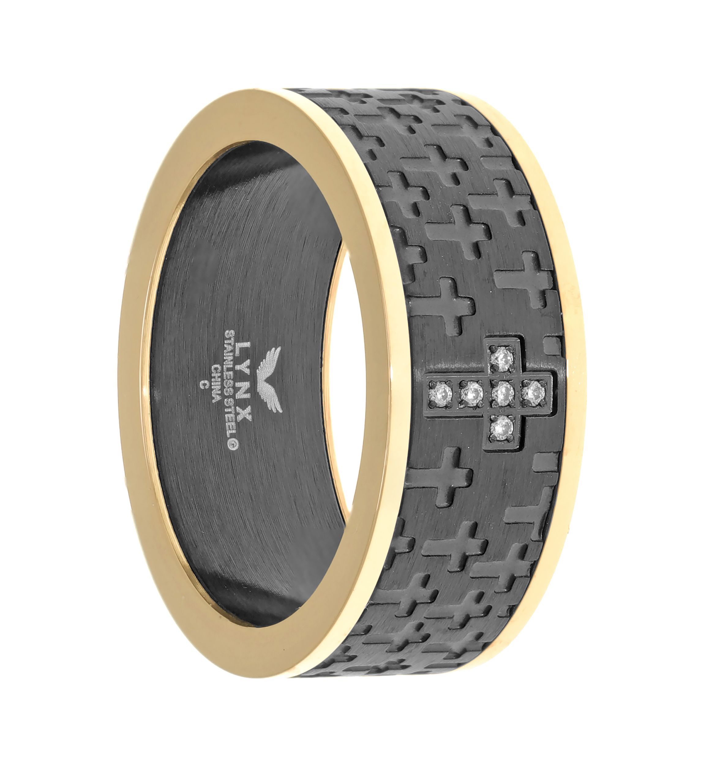 Stainless Steel Cubic Zirconia Ring with Black and Gold Tone Ion Plating 