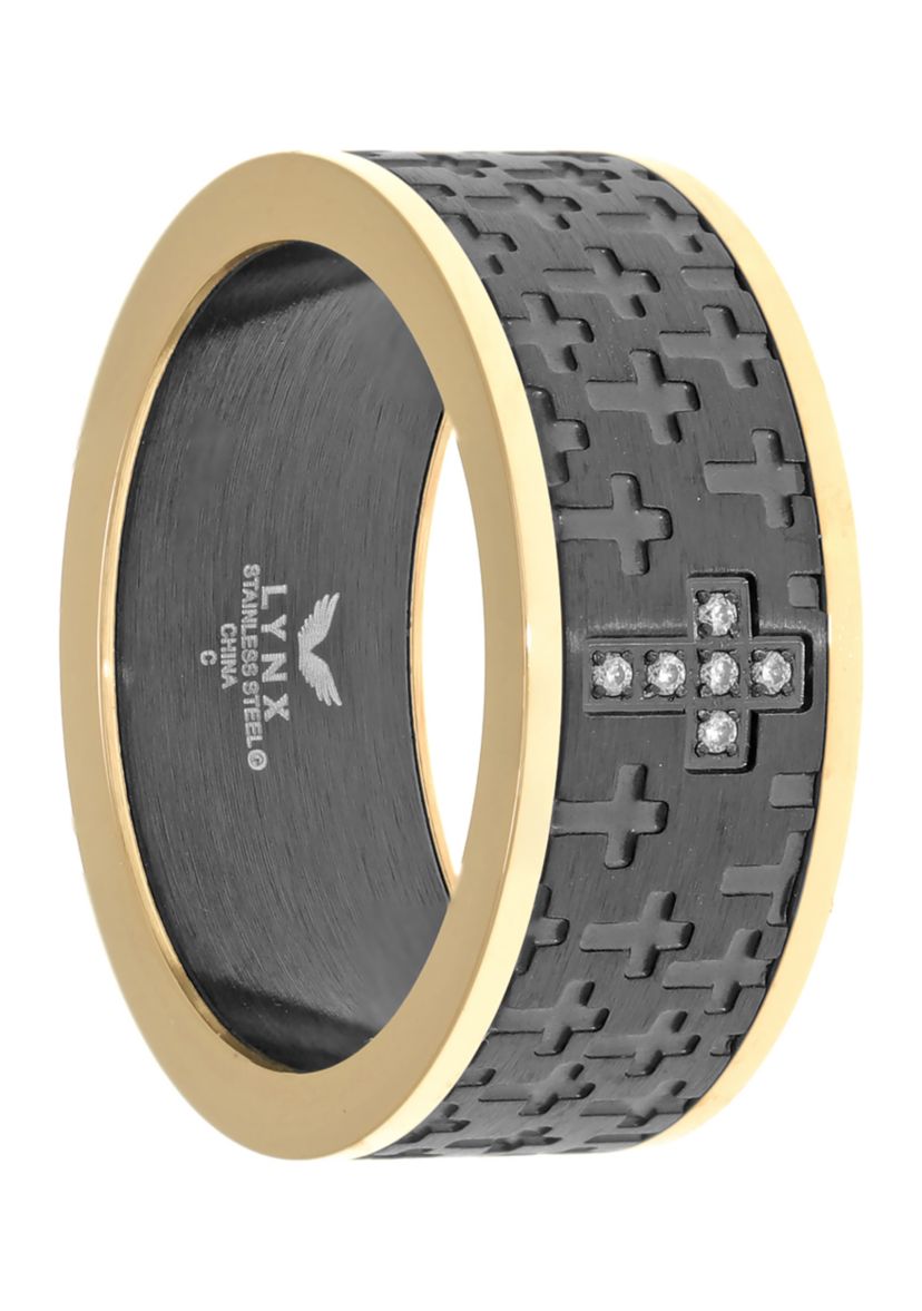Stainless Steel Cubic Zirconia Ring with Black and Gold Tone Ion Plating 