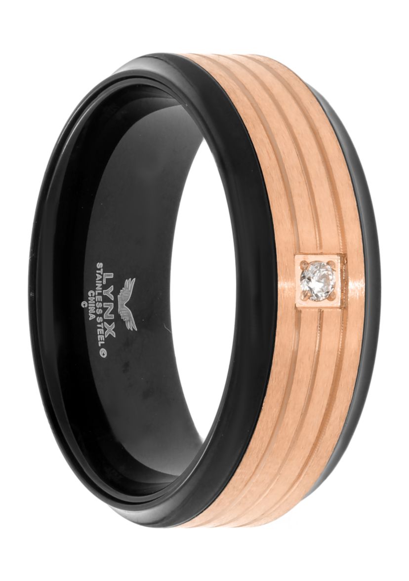 Stainless Steel Cubic Zirconia Ring with Black and Rose Ip