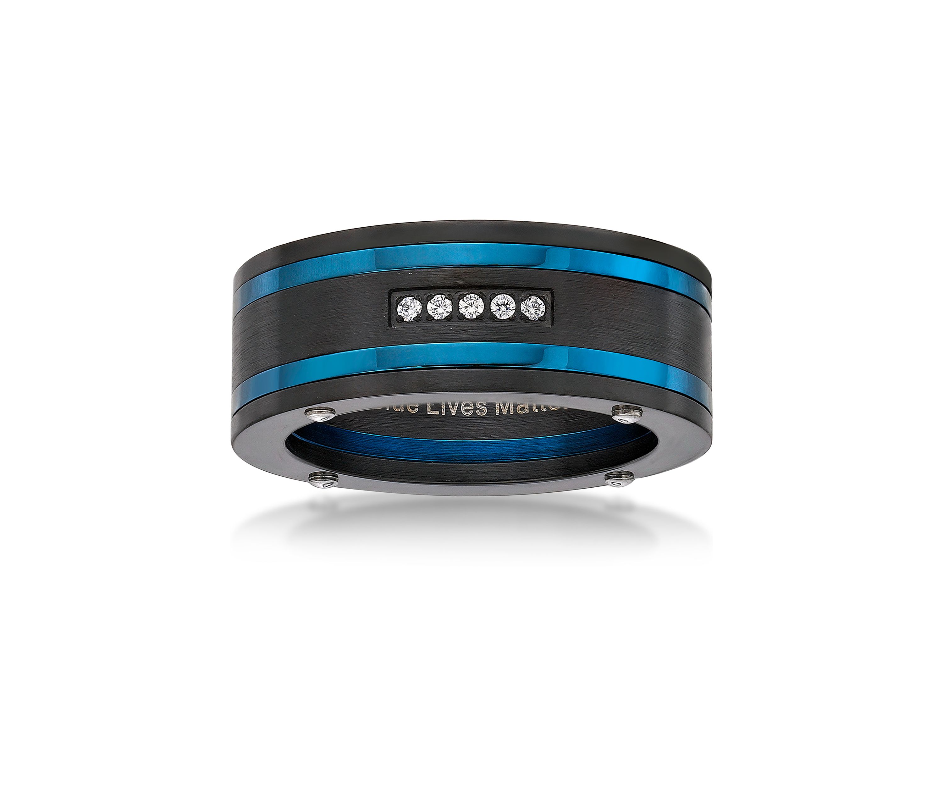 Stainless Steel Cubic Zirconia Ring with Black and Blue Ion Plating