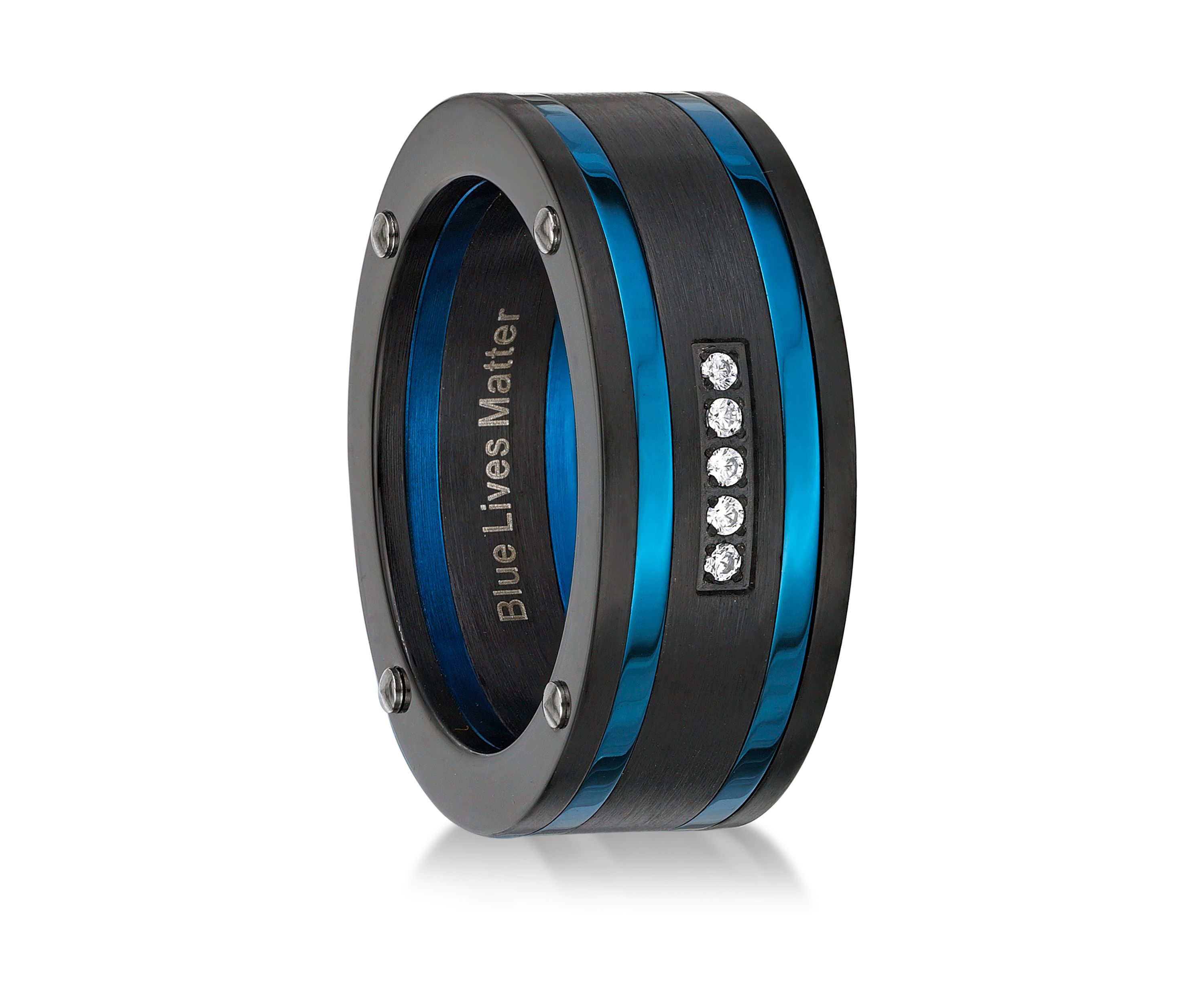 Stainless Steel Cubic Zirconia Ring with Black and Blue Ion Plating