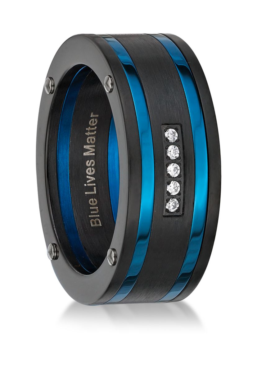Stainless Steel Cubic Zirconia Ring with Black and Blue Ion Plating