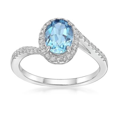 Gemminded Women's White Gold Oval Cut Halo Gemstone Ring with Accents, Blue, 6