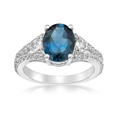 Gemminded Lab Created Womenâs Oval Gemstone and White Topaz Split Shank Ring in Sterling Silver, Blue, 5
