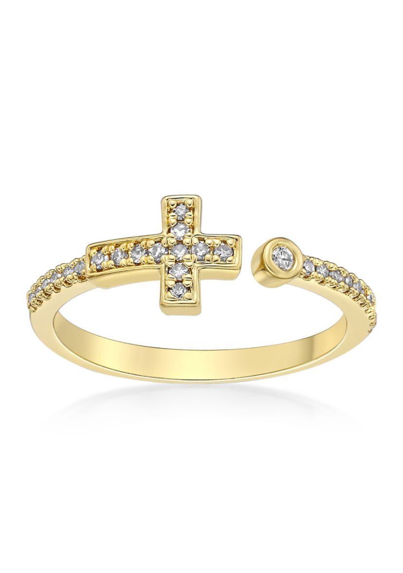 1/8 ct. t.w. Diamond Sideways Cross Open Shank Ring in Sterling Silver with 14K Yellow Gold Plate