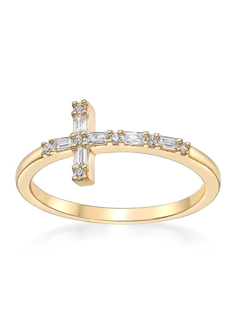 1/8 ct. t.w. Diamond Sideways Cros Ring in Sterling Silver with 14K Yellow Gold Plate
