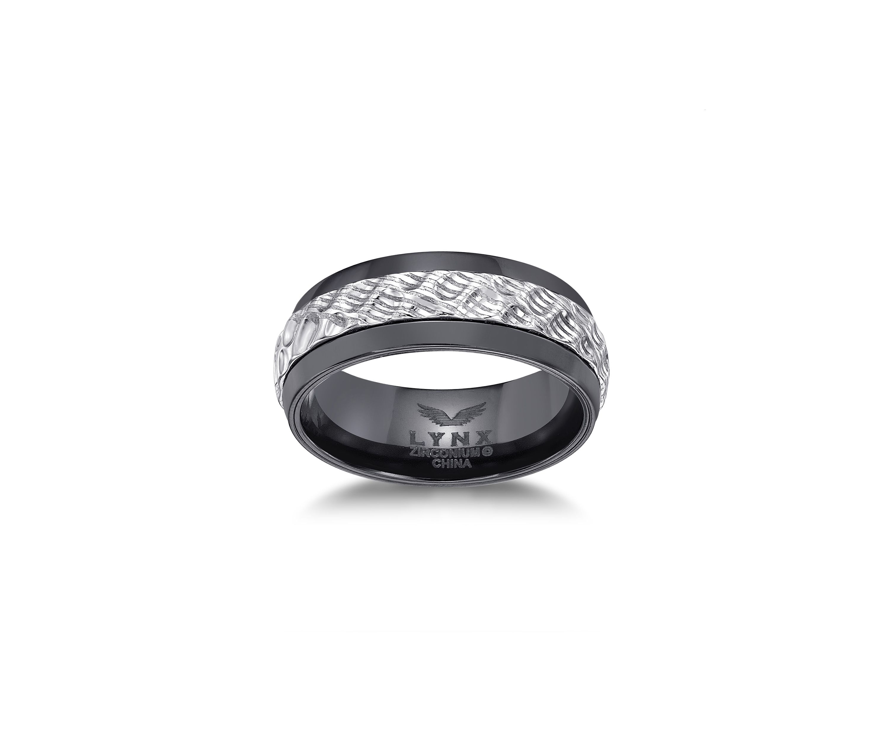 Black Zirconium Ring With Hammered Damascus Steel Inlay