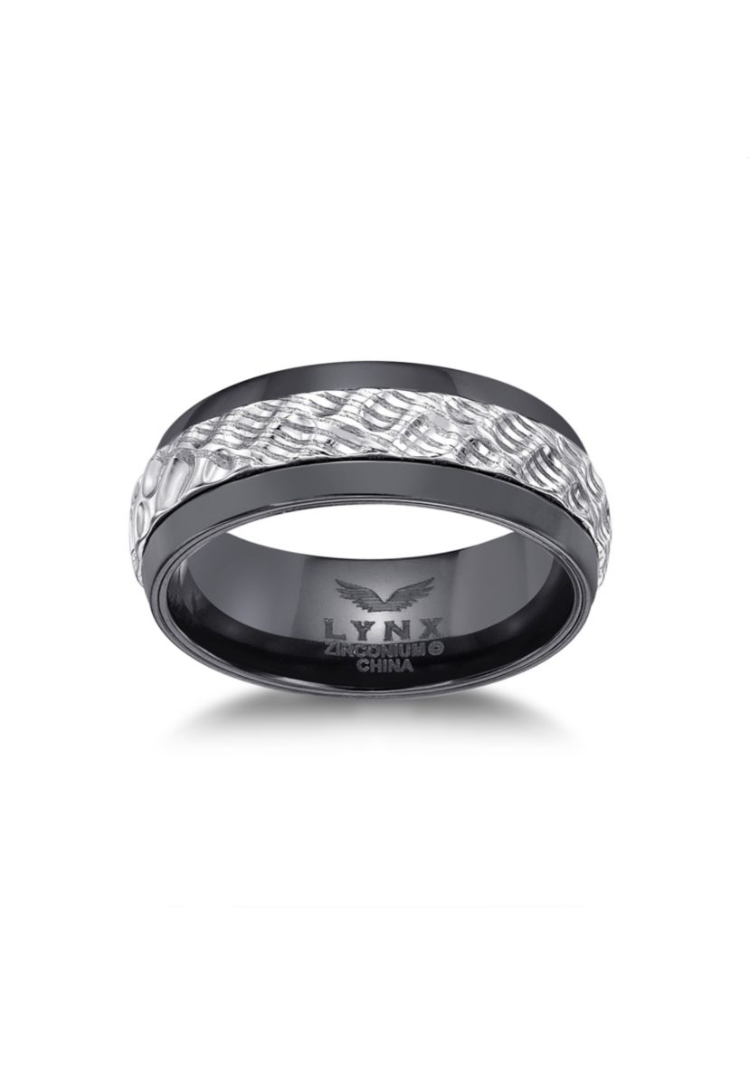 Black Zirconium Ring With Hammered Damascus Steel Inlay