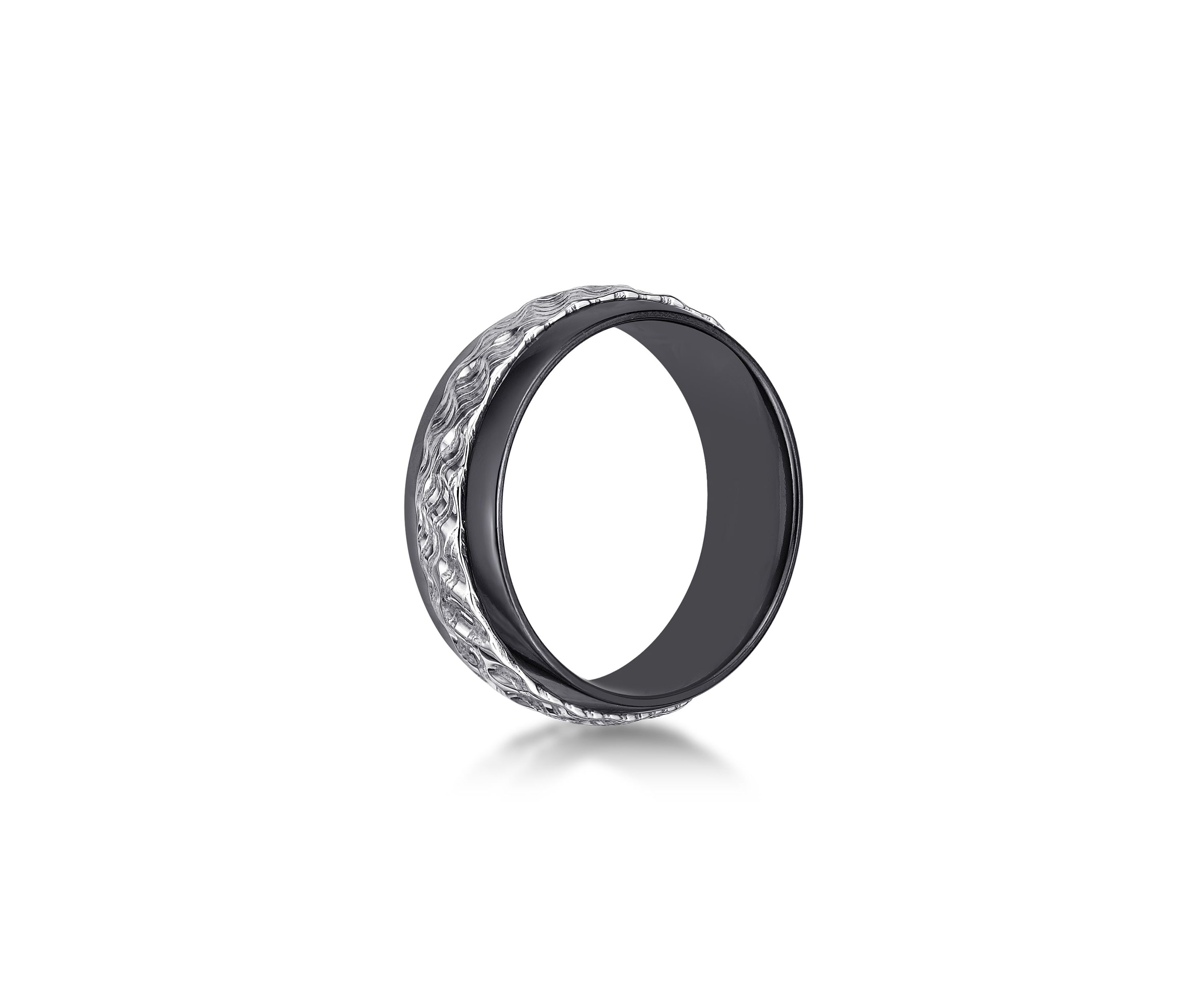 Black Zirconium Ring With Hammered Damascus Steel Inlay