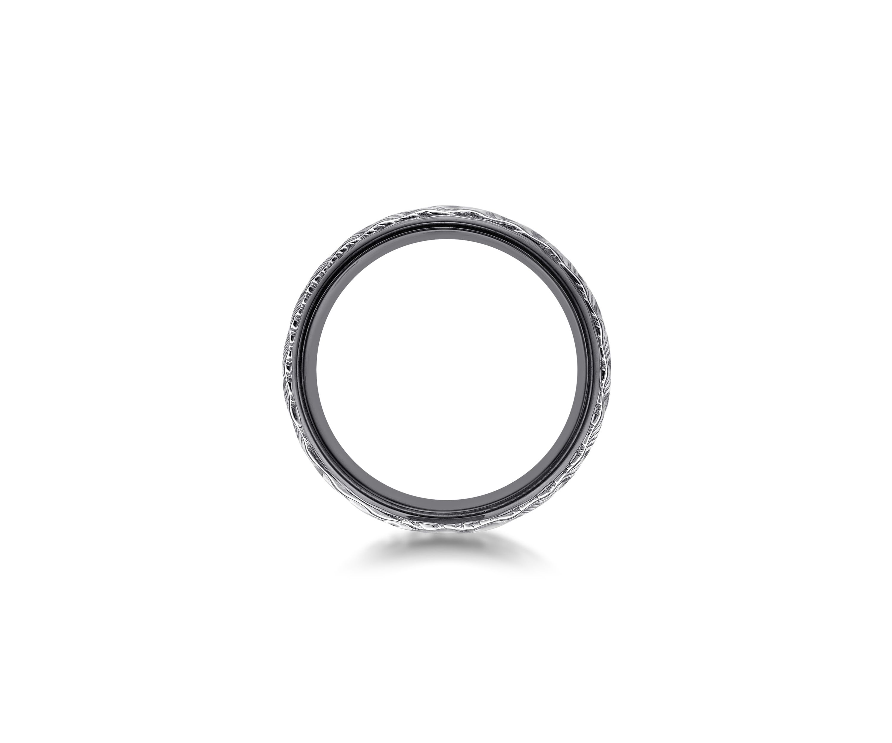 Black Zirconium Ring With Hammered Damascus Steel Inlay
