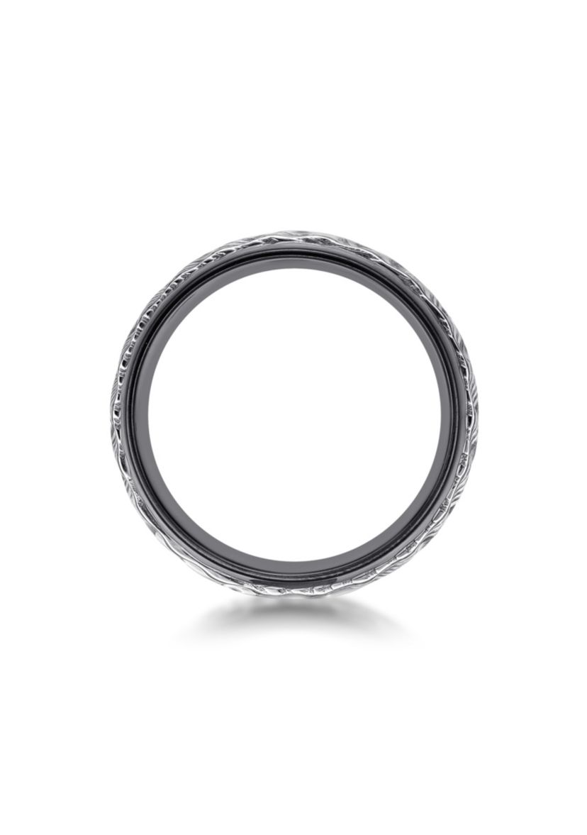 Black Zirconium Ring With Hammered Damascus Steel Inlay