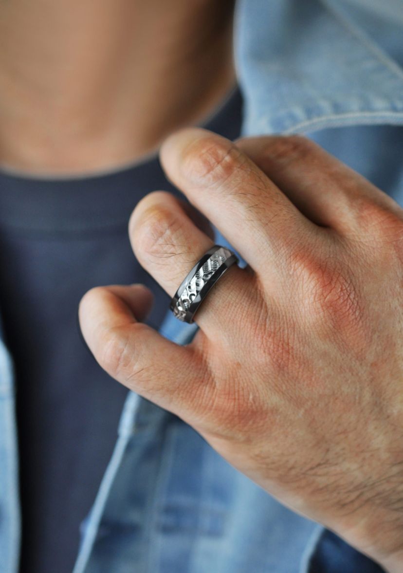 Black Zirconium Ring With Hammered Damascus Steel Inlay