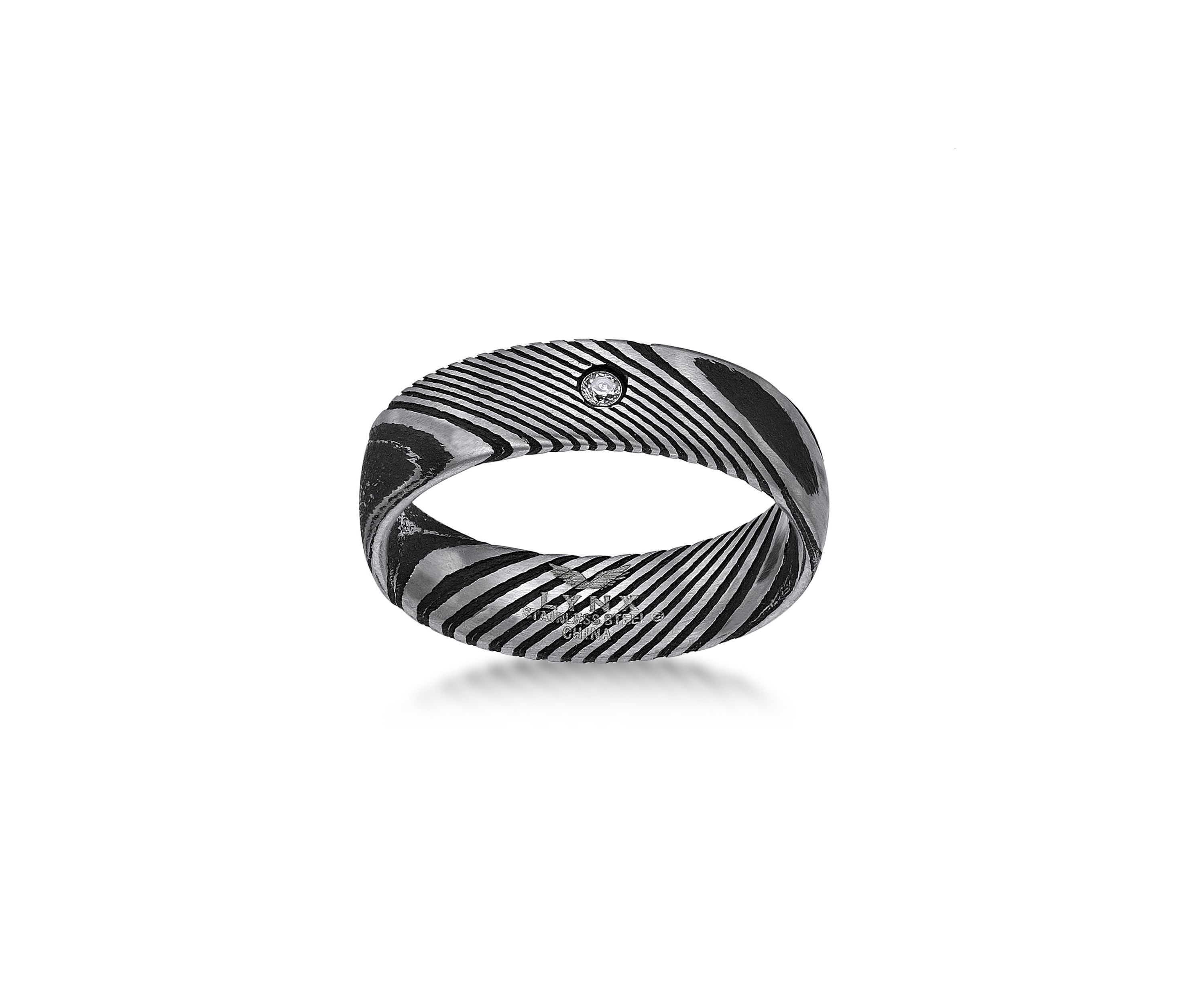Damascus Steel Ring With Cubic Zirconia and Black Ip