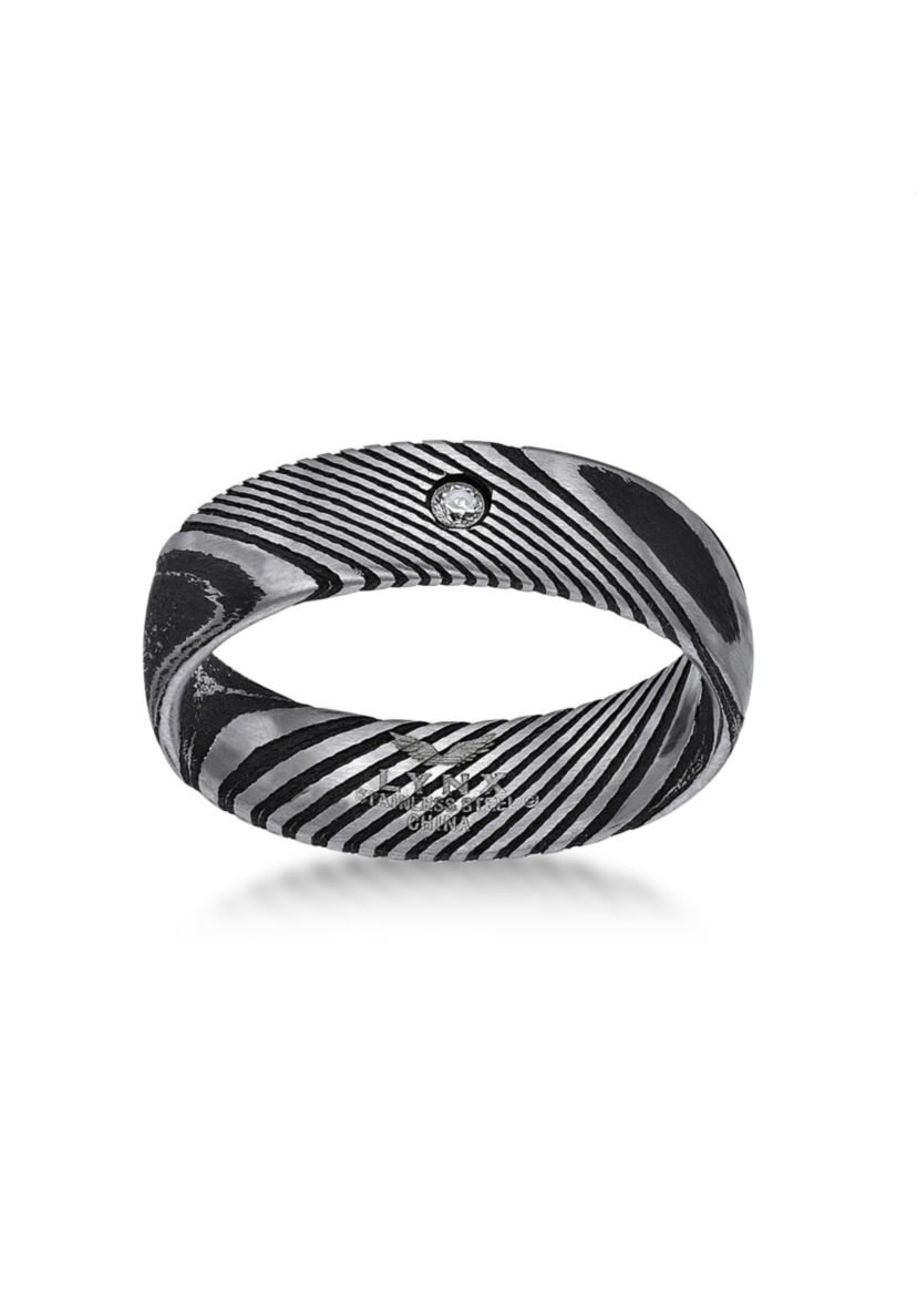 Damascus Steel Ring With Cubic Zirconia and Black Ip