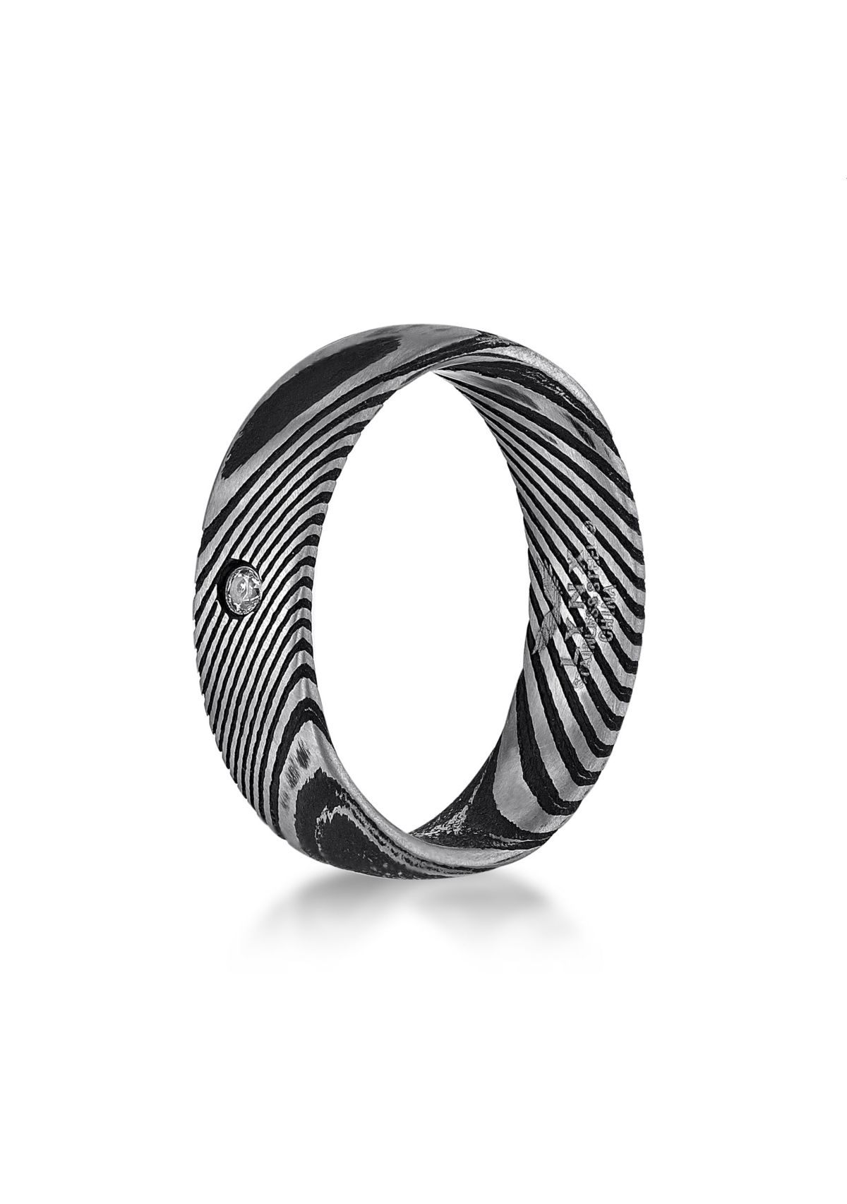 Damascus Steel Ring With Cubic Zirconia and Black Ip