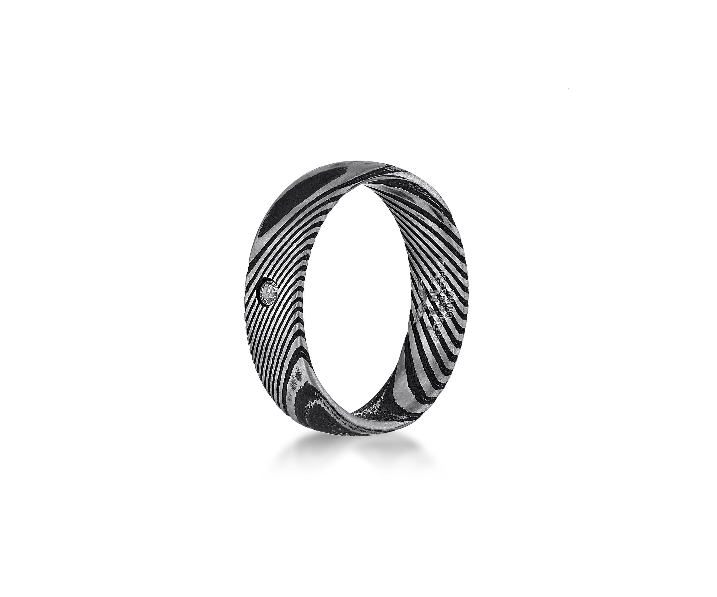 Damascus Steel Ring With Cubic Zirconia and Black Ip