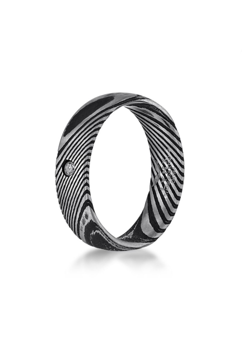 Damascus Steel Ring With Cubic Zirconia and Black Ip