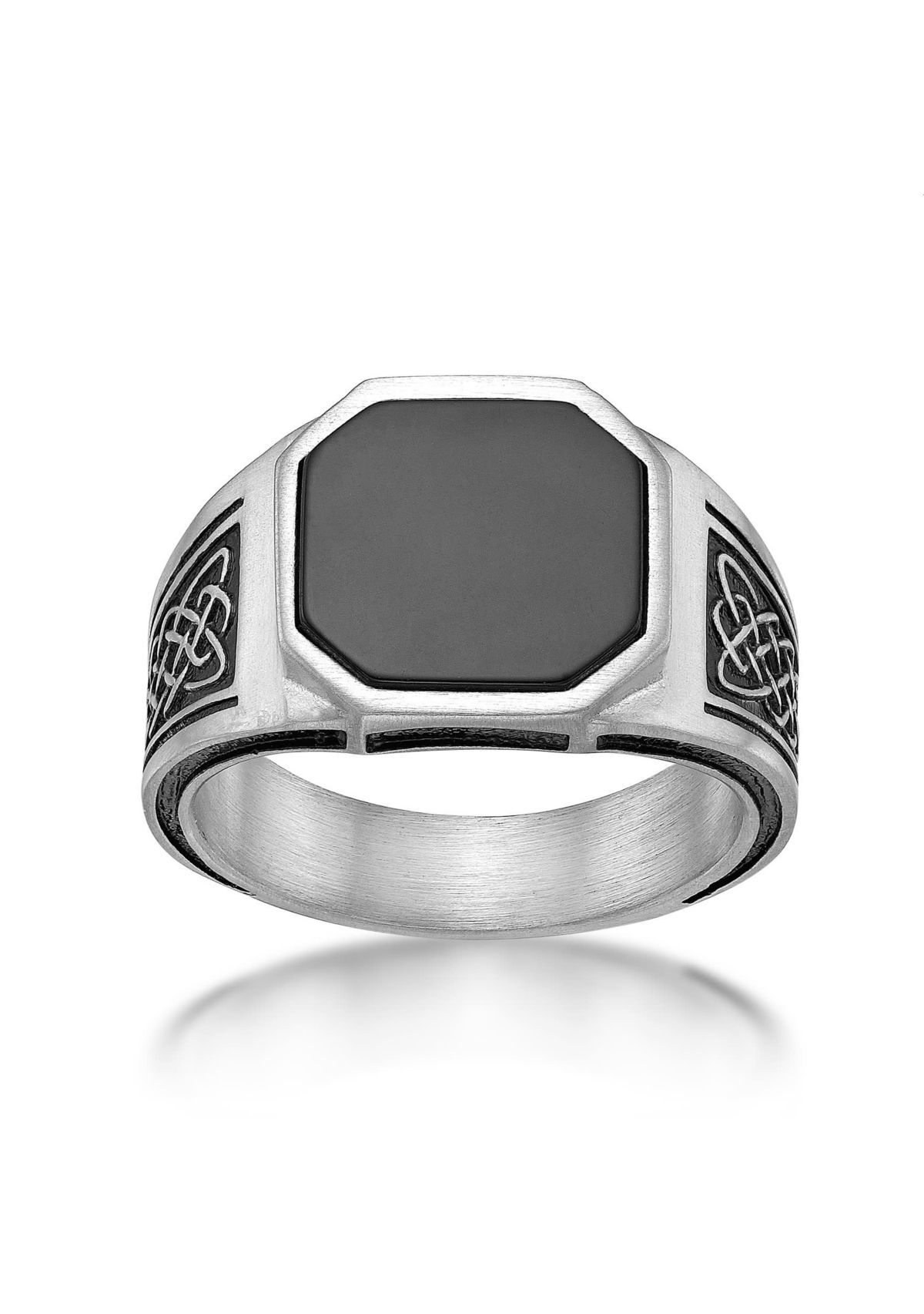 Stainless Steel Ring with Black Agate and Black Ion Plating - 14.5MM