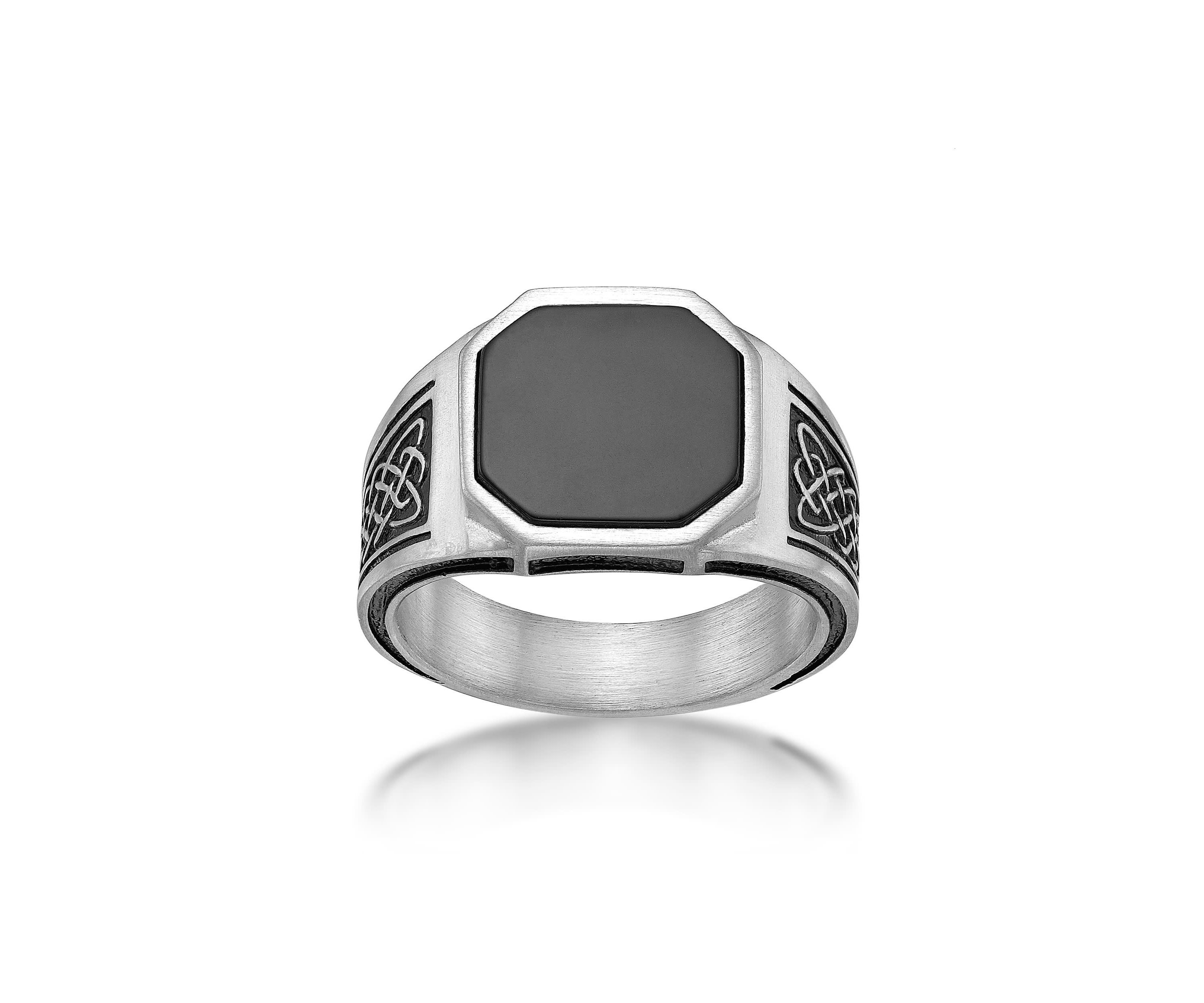 Stainless Steel Ring with Black Agate and Black Ion Plating - 14.5MM