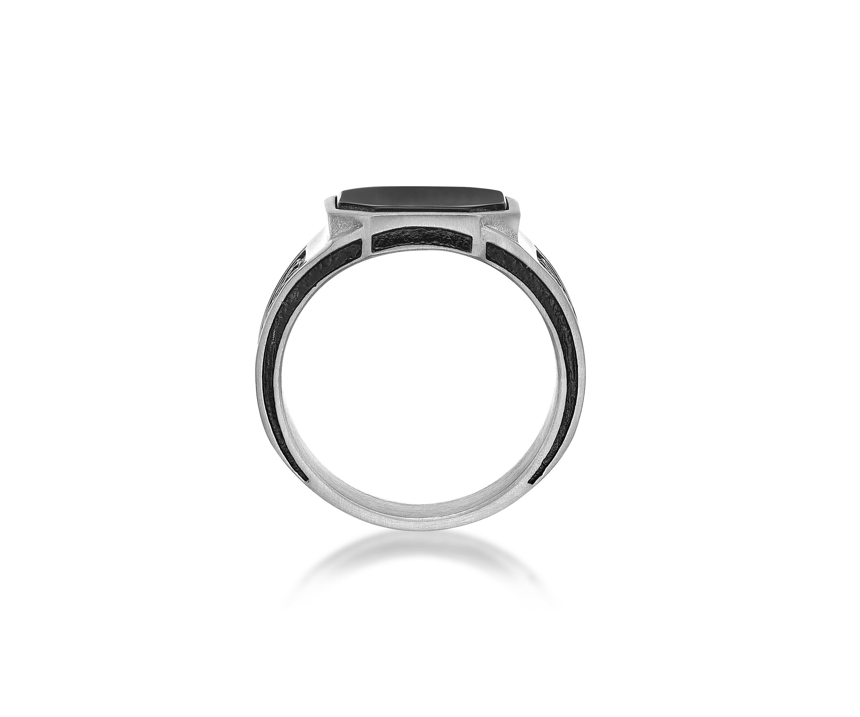 Stainless Steel Ring with Black Agate and Black Ion Plating - 14.5MM